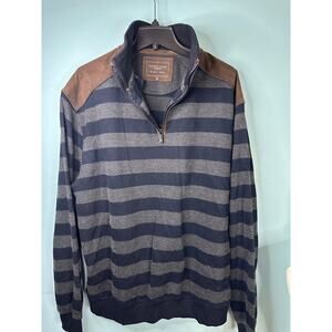 Andrew James quarter-zip sweater blue and grey stripes, brown shoulder patches